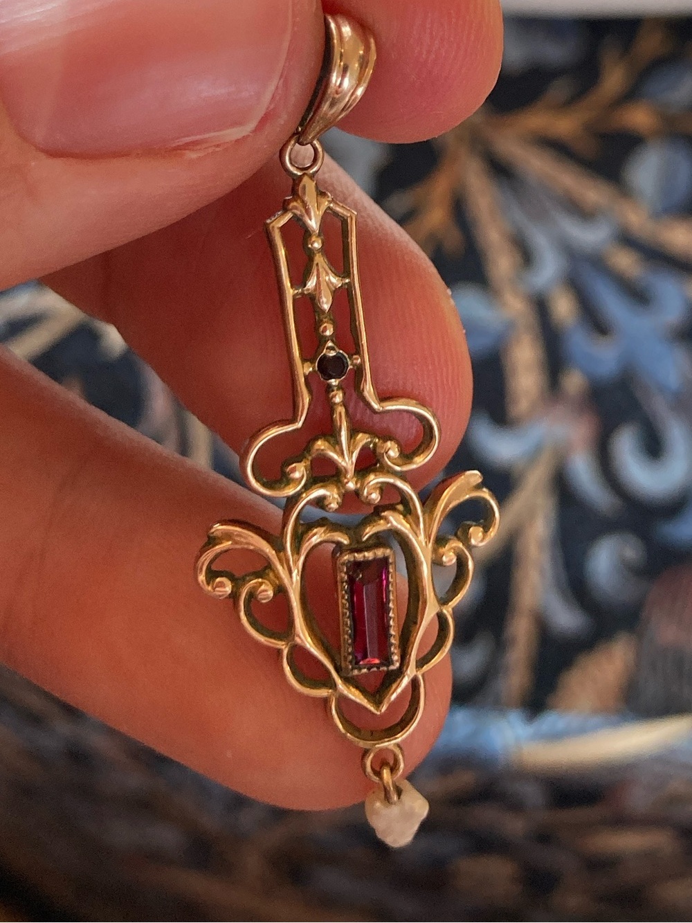 Antique Victorian Natural Pearl & Garnet Paste Lavaliere Pendant - Picture 3 of 9